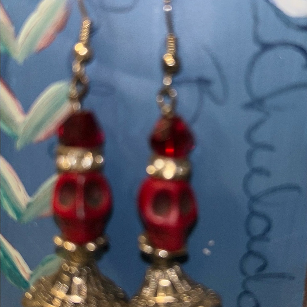 Dia De Los Muertos Elegant Red and Silver Dangle Earrings